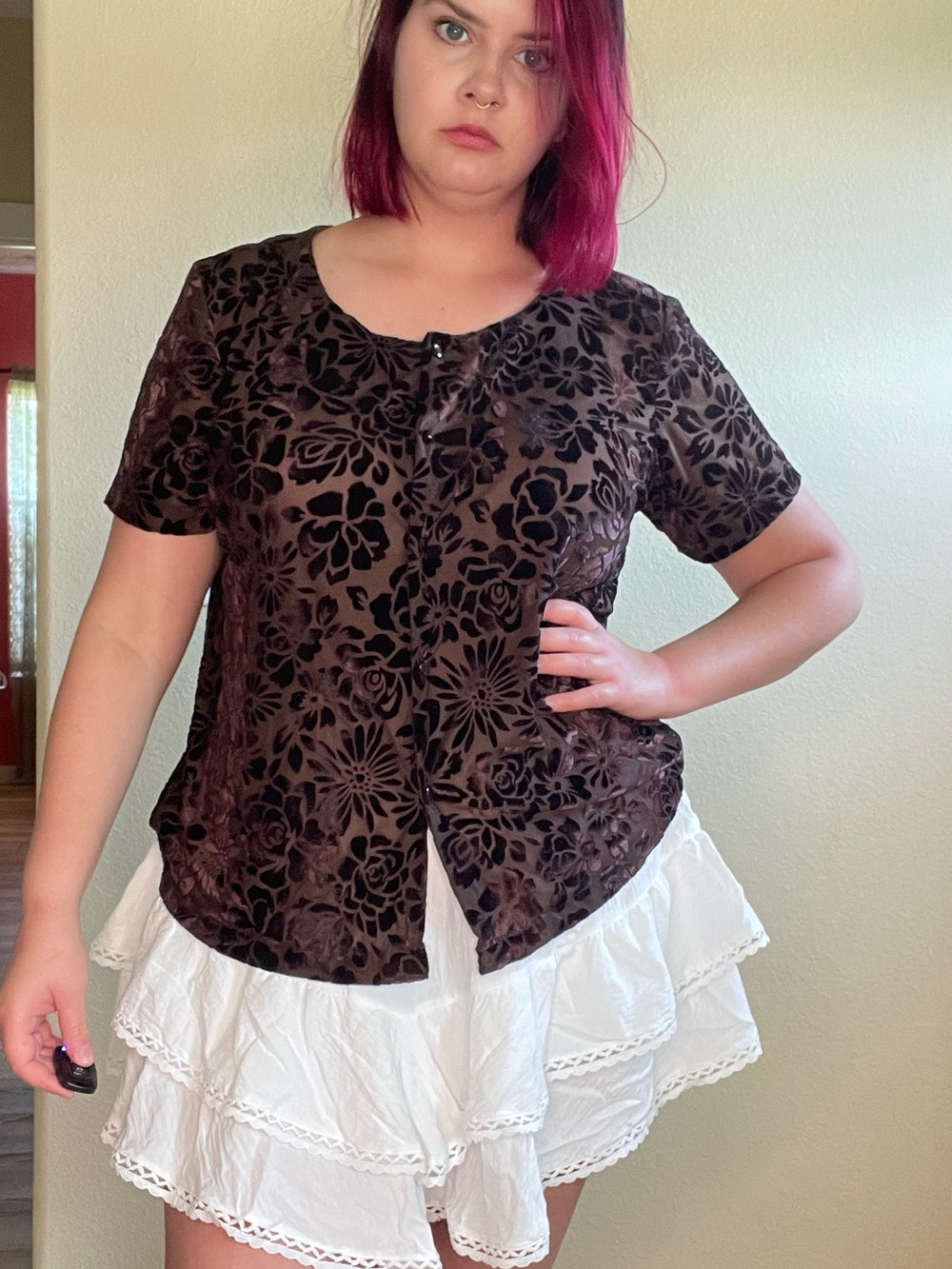 VTG Brown Floral Velvet Women Top